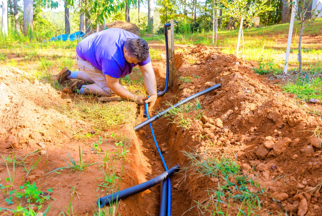Person installing pipes in a dug trench.