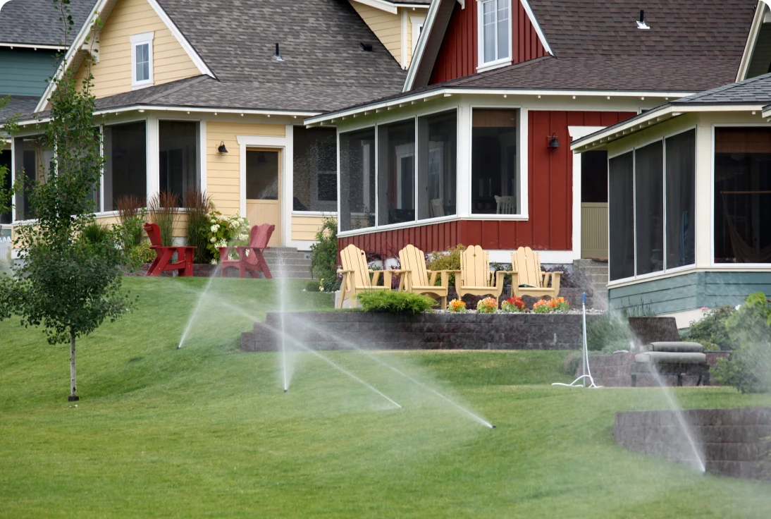 Sprinklers watering lawn in front of houses.